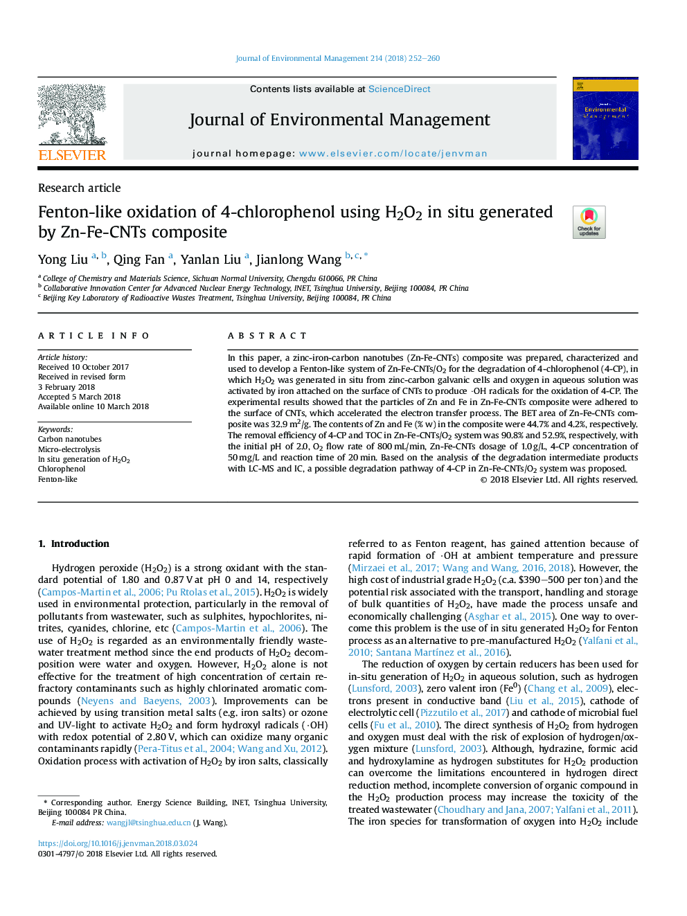 Fenton-like oxidation of 4-chlorophenol using H2O2 in situ generated by Zn-Fe-CNTs composite