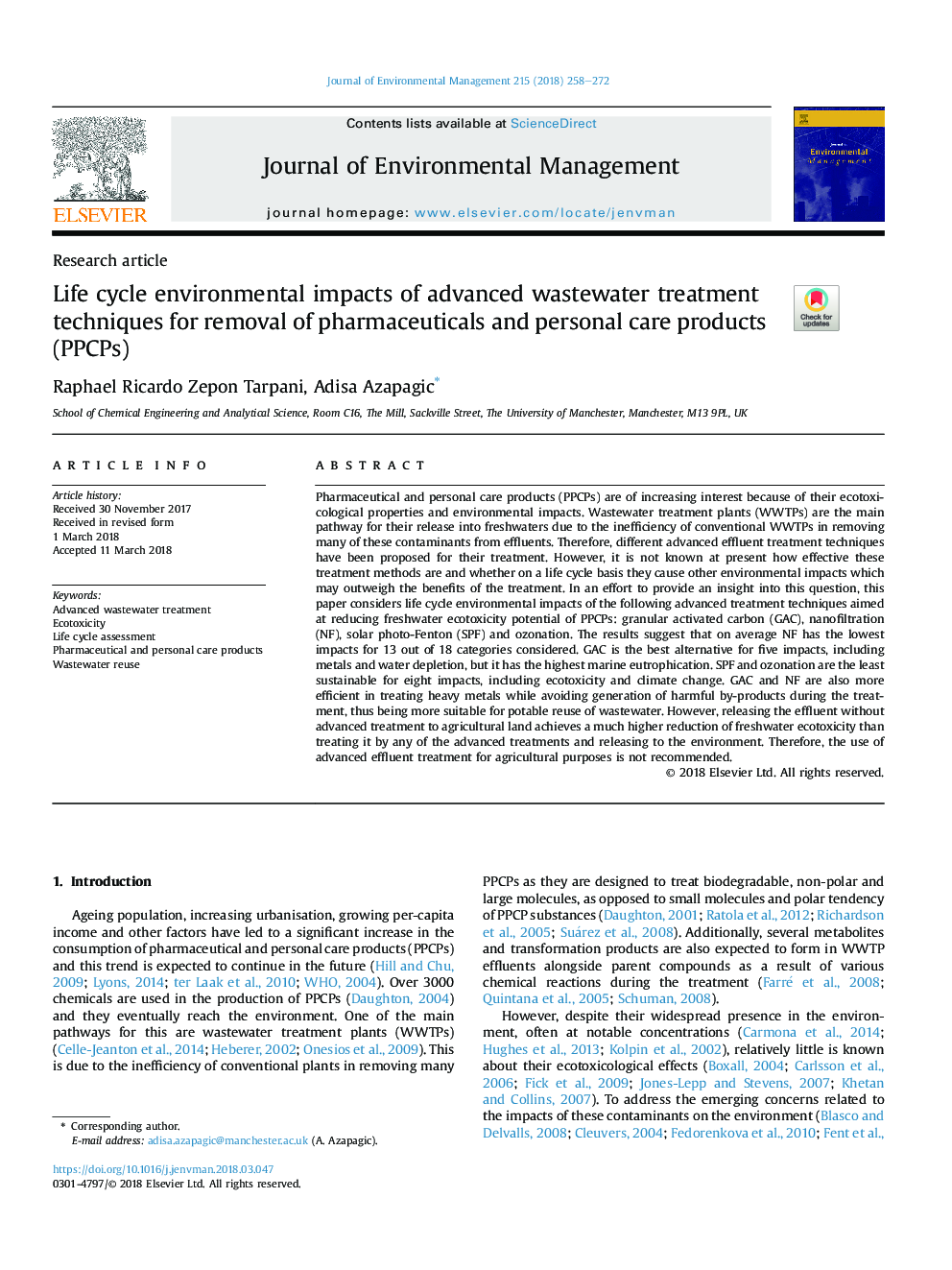 Life cycle environmental impacts of advanced wastewater treatment techniques for removal of pharmaceuticals and personal care products (PPCPs)