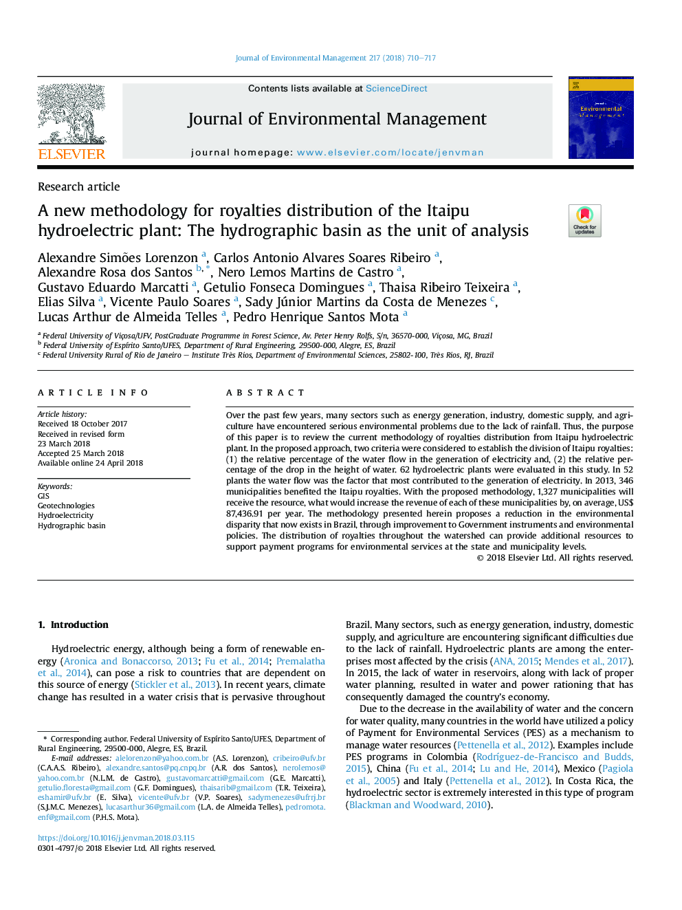 A new methodology for royalties distribution of the Itaipu hydroelectric plant: The hydrographic basin as the unit of analysis