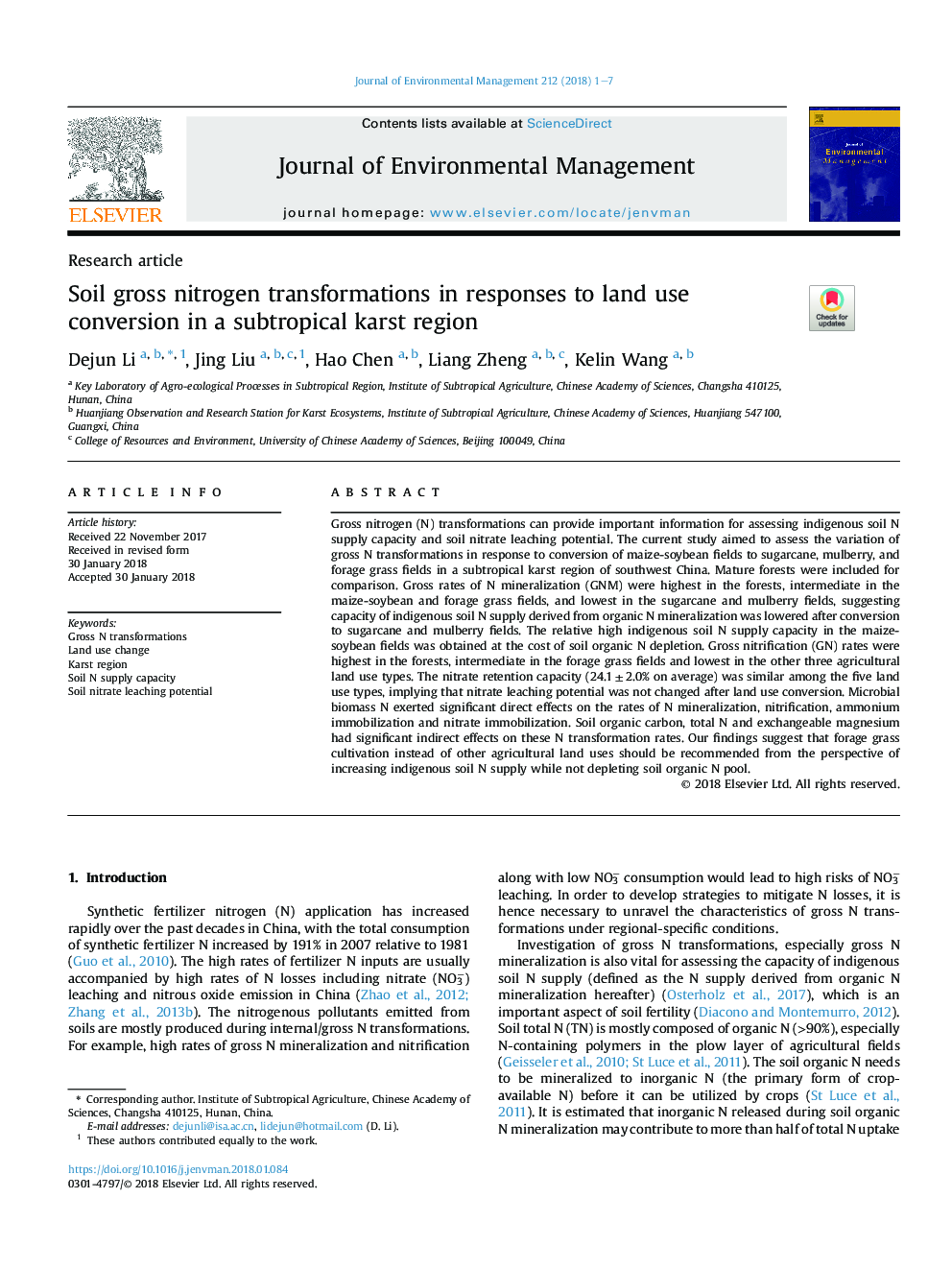 Soil gross nitrogen transformations in responses to land use conversion in a subtropical karst region