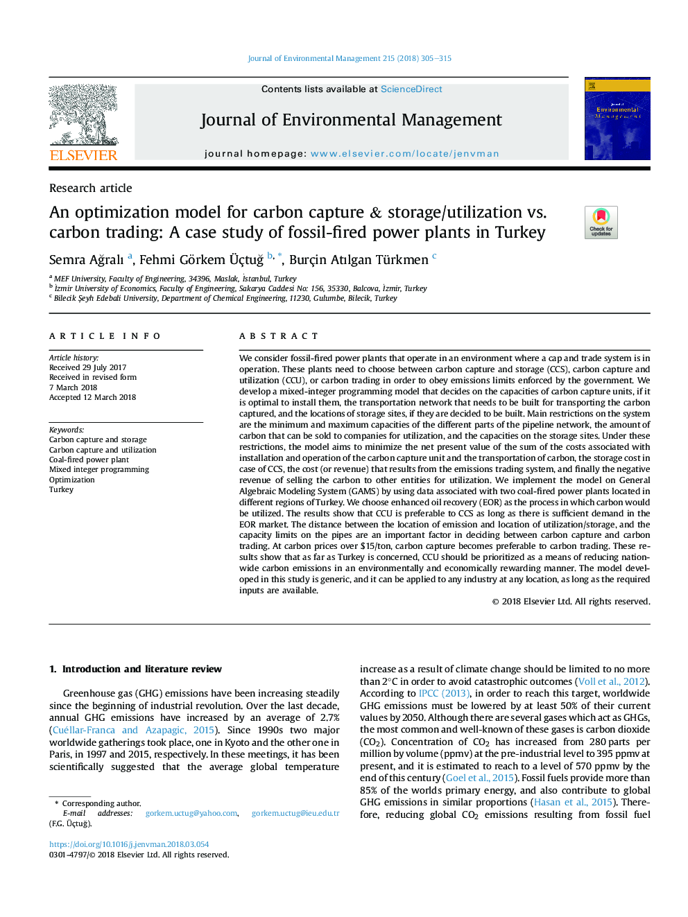 An optimization model for carbon capture & storage/utilization vs. carbon trading: A case study of fossil-fired power plants in Turkey