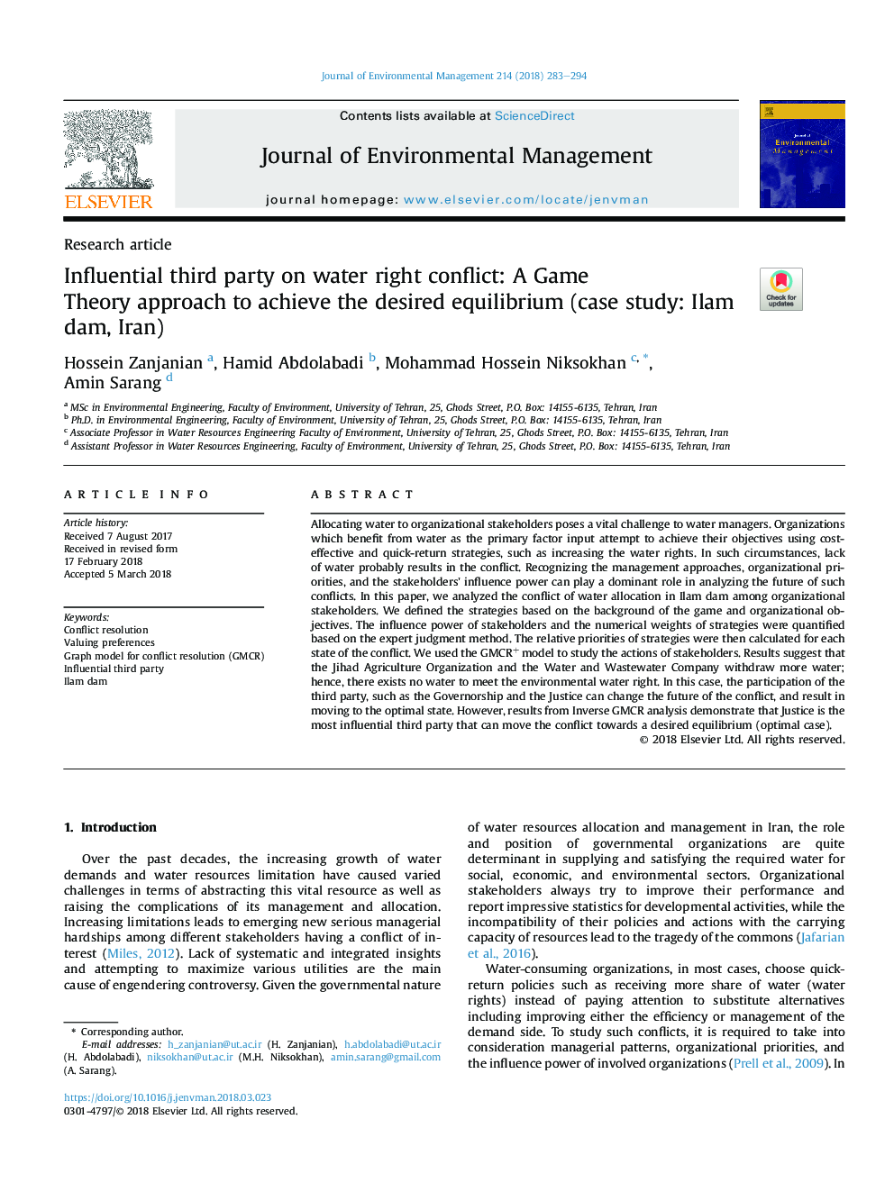 Influential third party on water right conflict: A Game TheoryÂ approach to achieve the desired equilibrium (case study: Ilam dam, Iran)