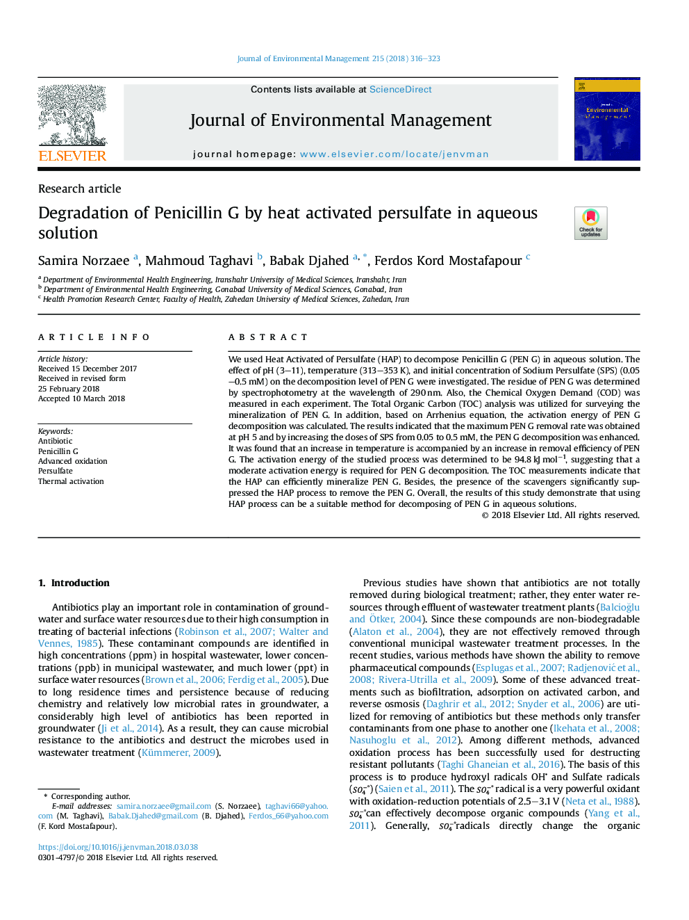 Degradation of Penicillin G by heat activated persulfate in aqueous solution