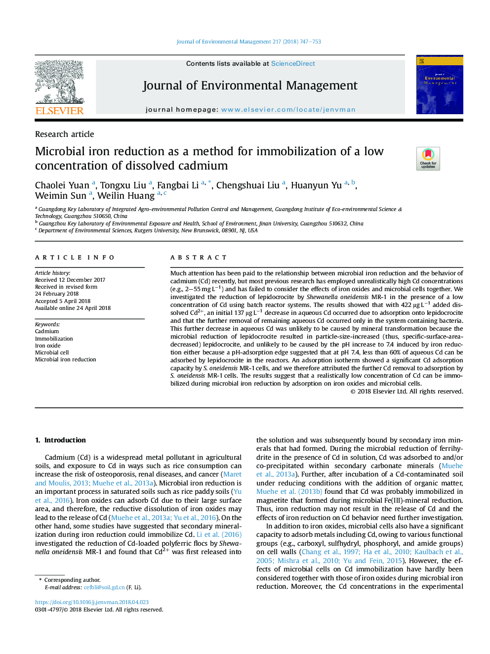 Microbial iron reduction as a method for immobilization of a low concentration of dissolved cadmium