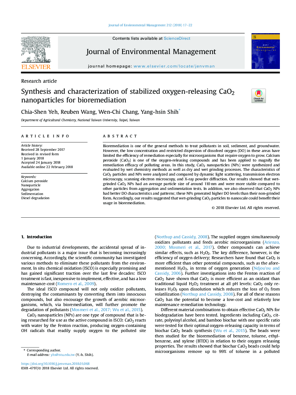 Synthesis and characterization of stabilized oxygen-releasing CaO2 nanoparticles for bioremediation