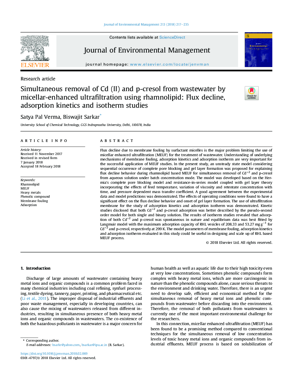 Simultaneous removal of Cd (II) and p-cresol from wastewater by micellar-enhanced ultrafiltration using rhamnolipid: Flux decline, adsorption kinetics and isotherm studies