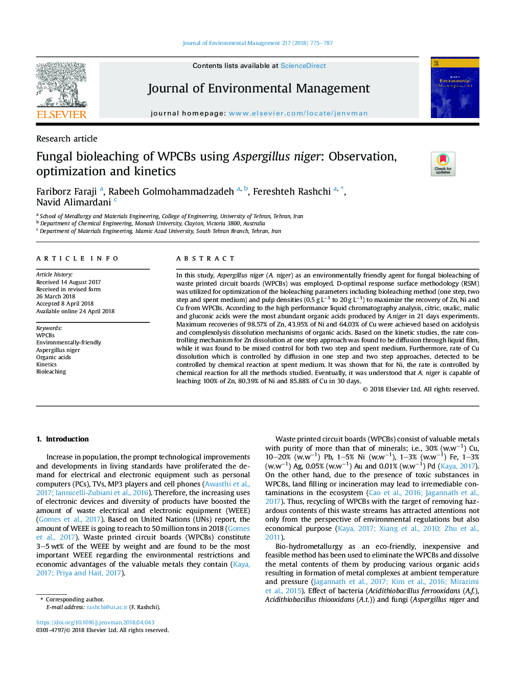 Fungal bioleaching of WPCBs using Aspergillus niger: Observation, optimization and kinetics