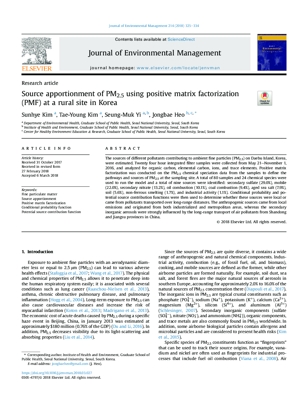 Source apportionment of PM2.5 using positive matrix factorization (PMF) at a rural site in Korea