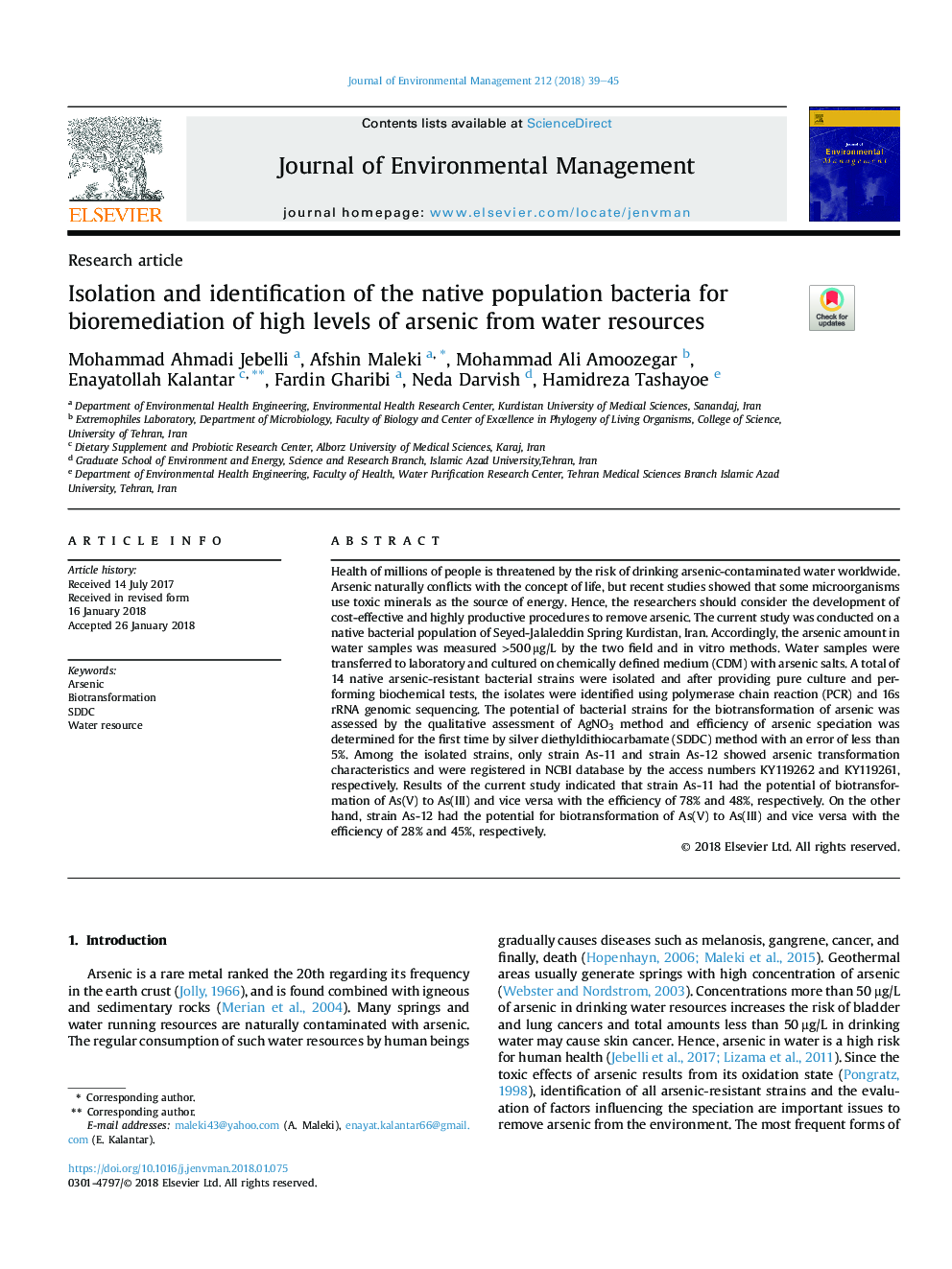 Isolation and identification of the native population bacteria for bioremediation of high levels of arsenic from water resources