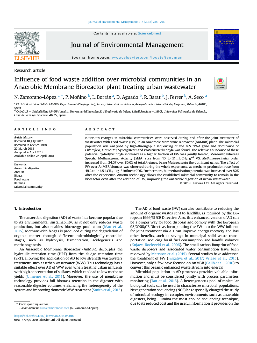 Influence of food waste addition over microbial communities in an Anaerobic Membrane Bioreactor plant treating urban wastewater