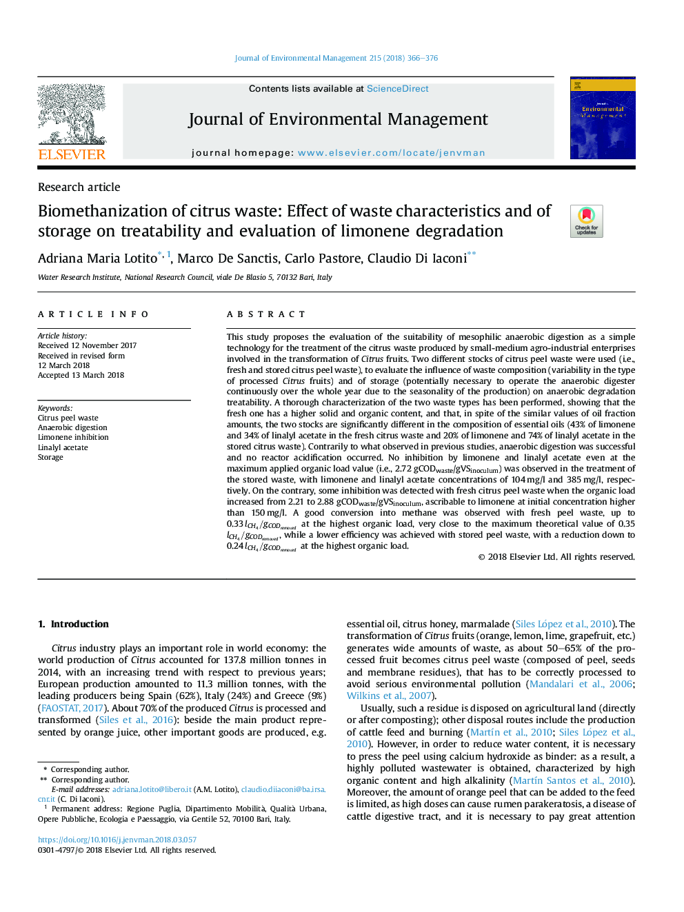 Biomethanization of citrus waste: Effect of waste characteristics and of storage on treatability and evaluation of limonene degradation