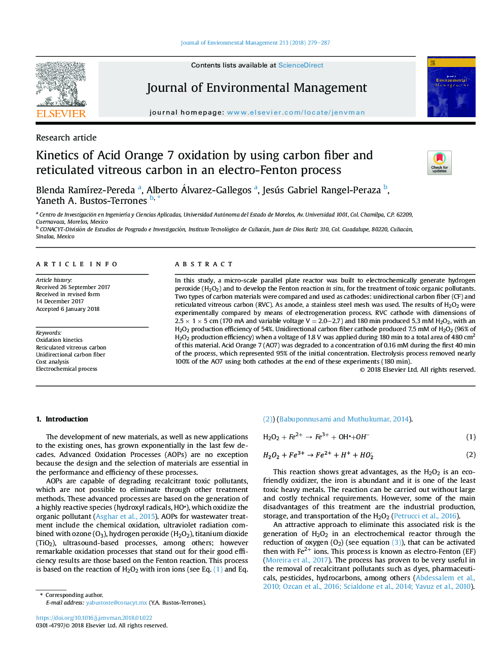 Kinetics of Acid Orange 7 oxidation by using carbon fiber and reticulated vitreous carbon in an electro-Fenton process