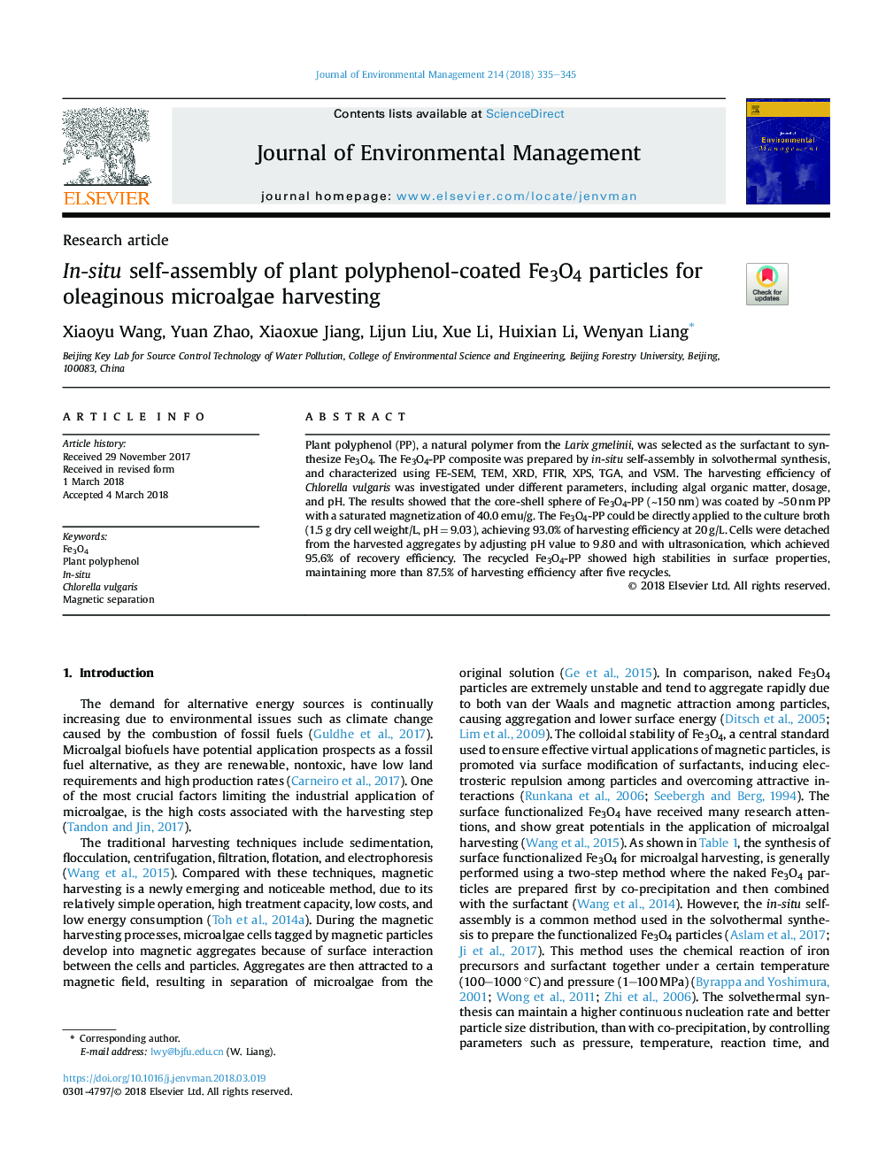 In-situ self-assembly of plant polyphenol-coated Fe3O4 particles for oleaginous microalgae harvesting