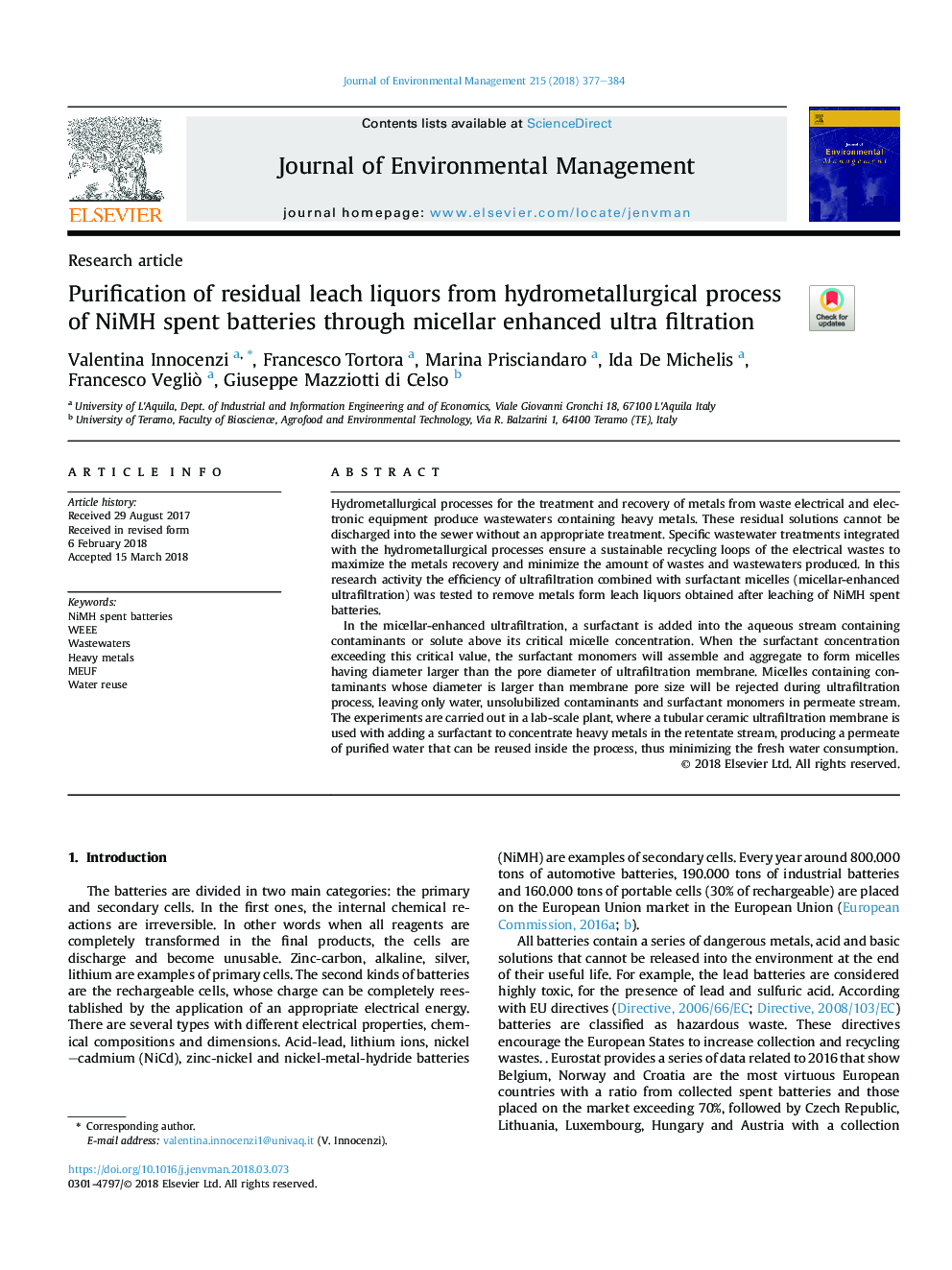 Purification of residual leach liquors from hydrometallurgical process of NiMH spent batteries through micellar enhanced ultra filtration