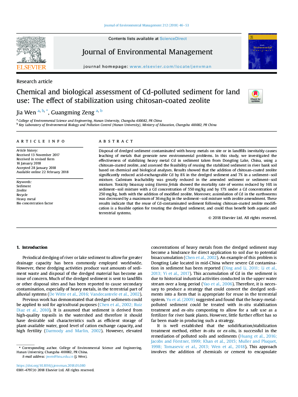 Chemical and biological assessment of Cd-polluted sediment for land use: The effect of stabilization using chitosan-coated zeolite