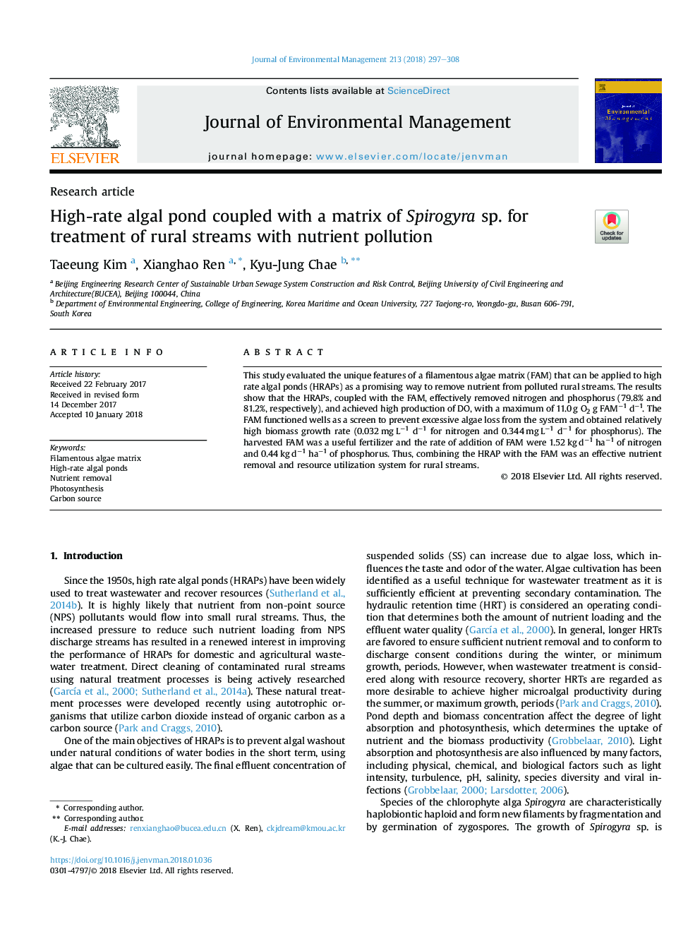 High-rate algal pond coupled with a matrix of Spirogyra sp. for treatment of rural streams with nutrient pollution