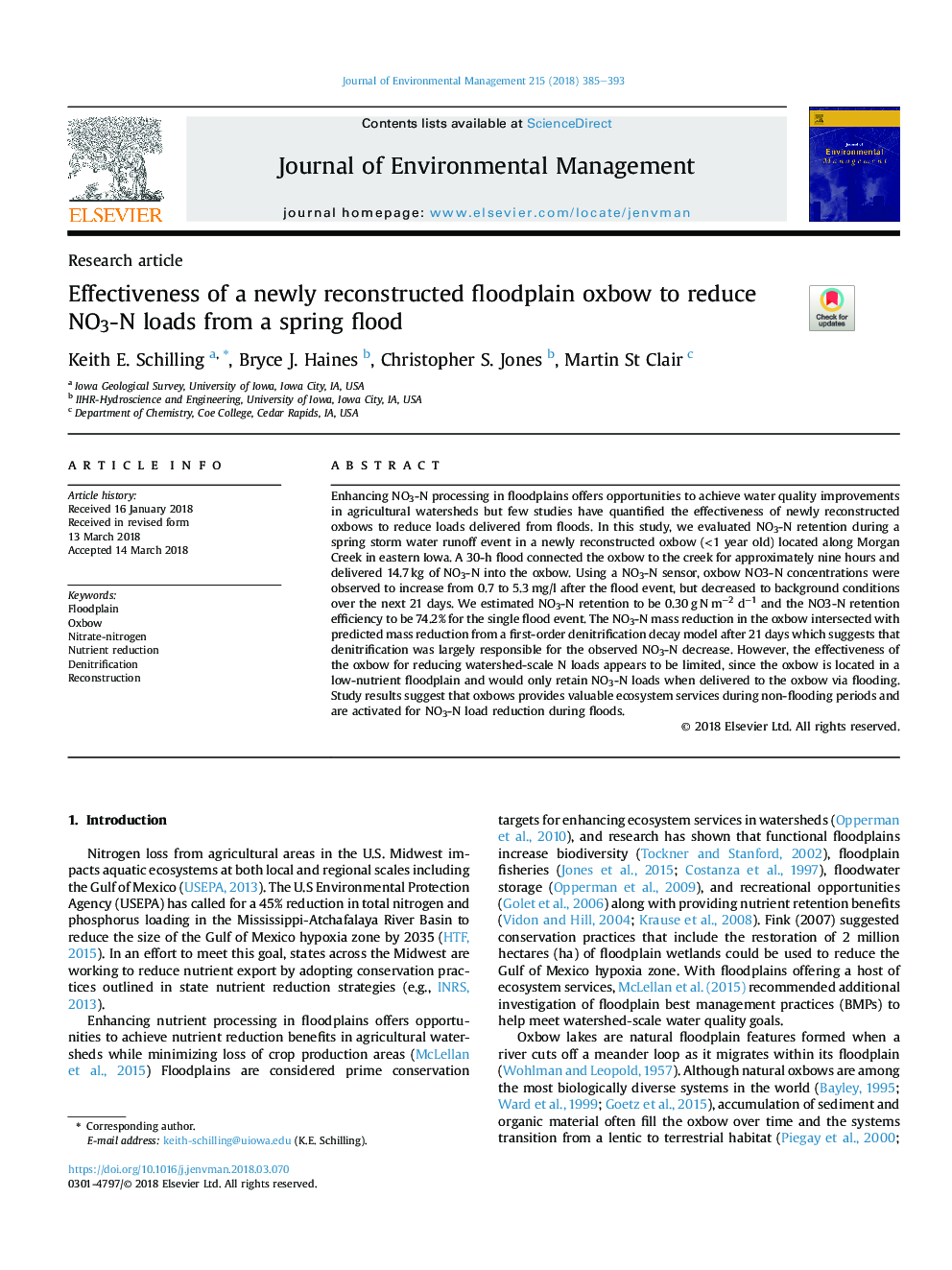 Effectiveness of a newly reconstructed floodplain oxbow to reduce NO3-N loads from a spring flood