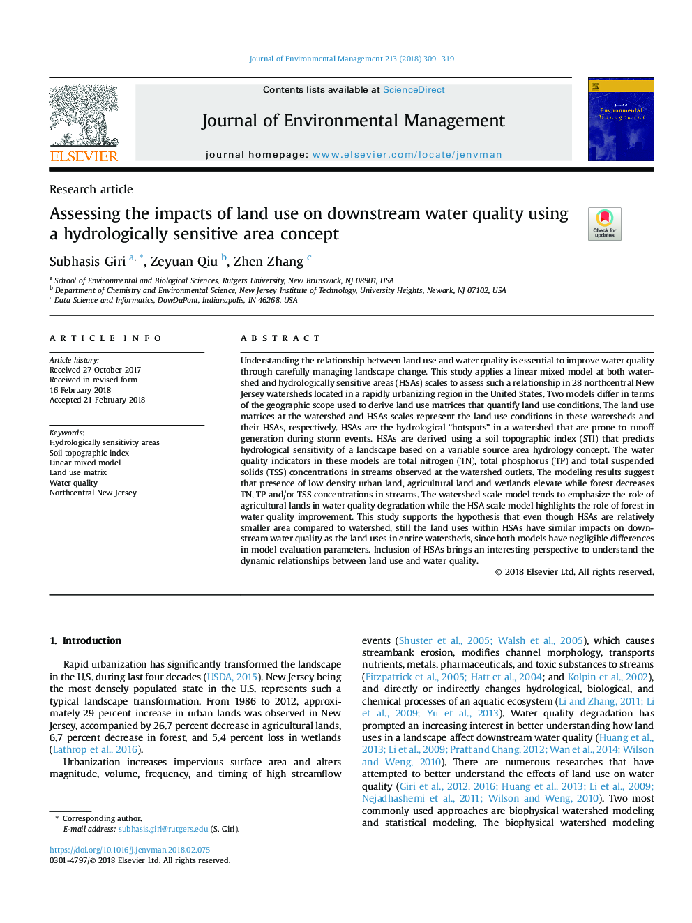 Assessing the impacts of land use on downstream water quality using a hydrologically sensitive area concept