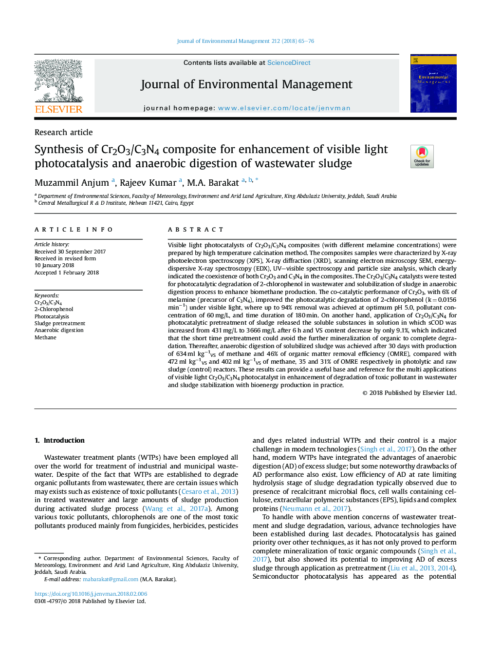 Synthesis of Cr2O3/C3N4 composite for enhancement of visible light photocatalysis and anaerobic digestion of wastewater sludge