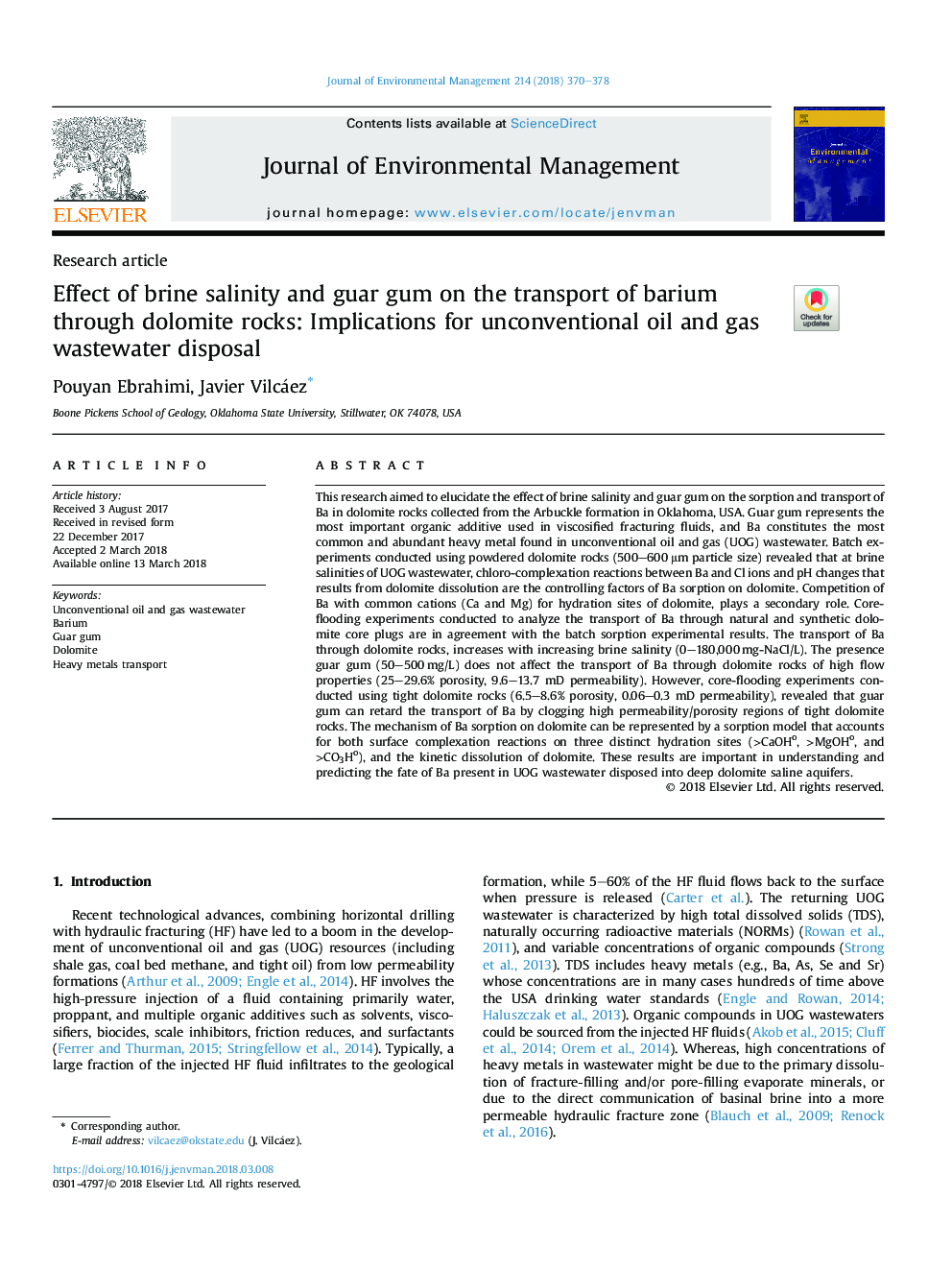 Effect of brine salinity and guar gum on the transport of barium through dolomite rocks: Implications for unconventional oil and gas wastewater disposal