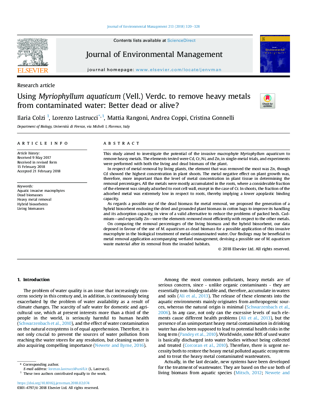 Using Myriophyllum aquaticum (Vell.) Verdc. to remove heavy metals from contaminated water: Better dead or alive?