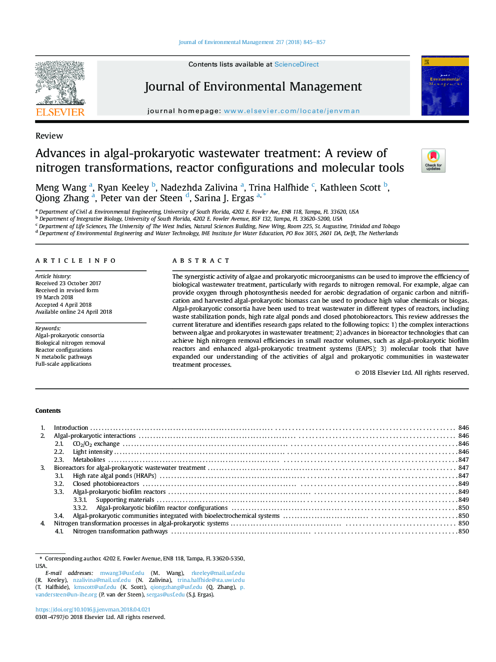 Advances in algal-prokaryotic wastewater treatment: A review of nitrogen transformations, reactor configurations and molecular tools