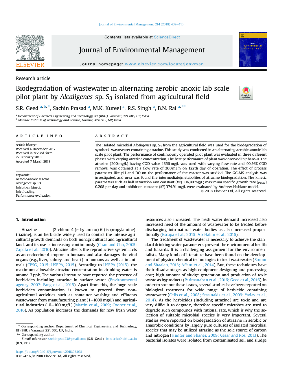 Biodegradation of wastewater in alternating aerobic-anoxic lab scale pilot plant by Alcaligenes sp. S3 isolated from agricultural field