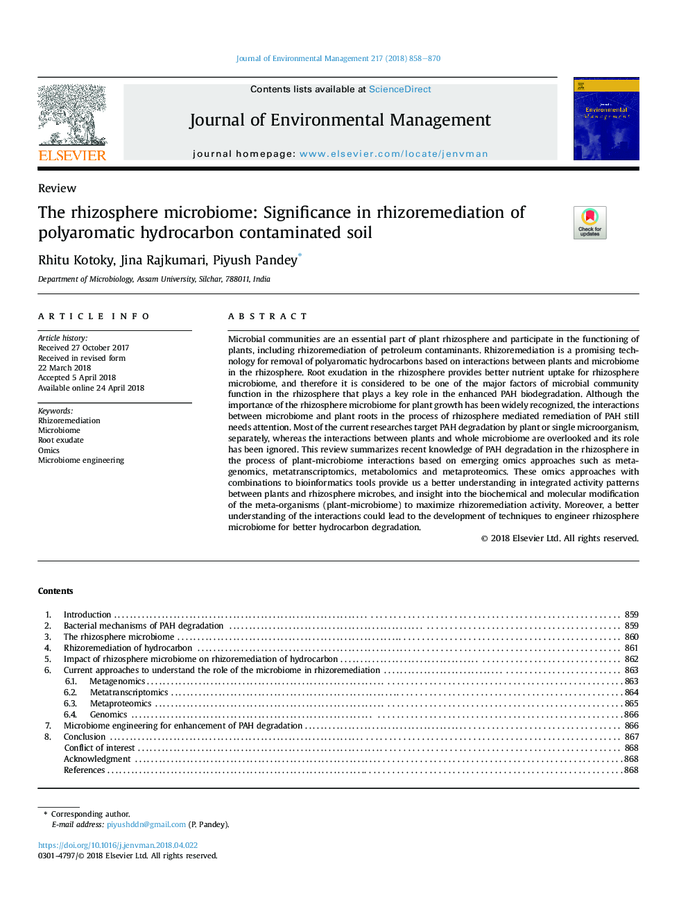 The rhizosphere microbiome: Significance in rhizoremediation of polyaromatic hydrocarbon contaminated soil