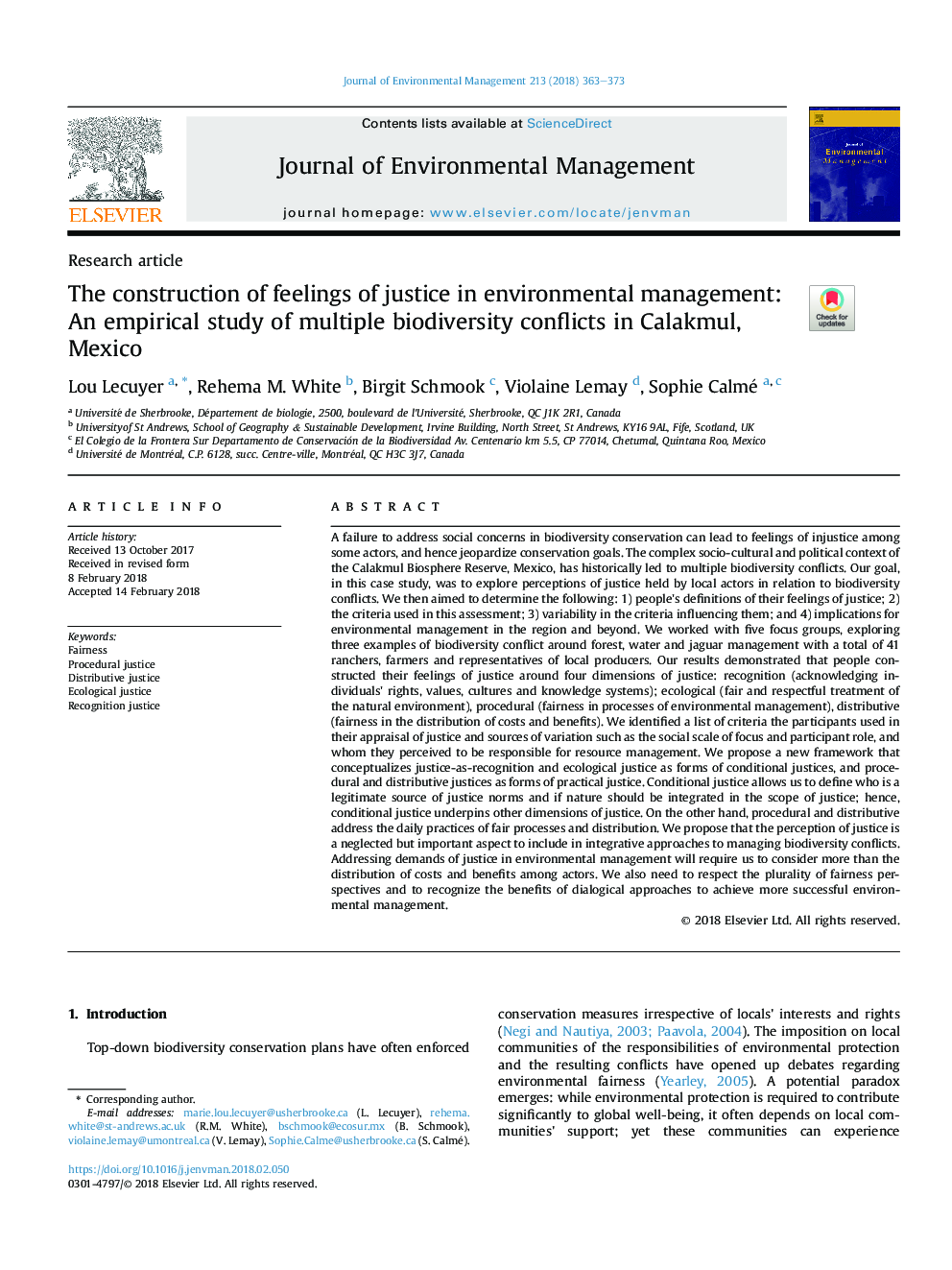 The construction of feelings of justice in environmental management: An empirical study of multiple biodiversity conflicts in Calakmul, Mexico