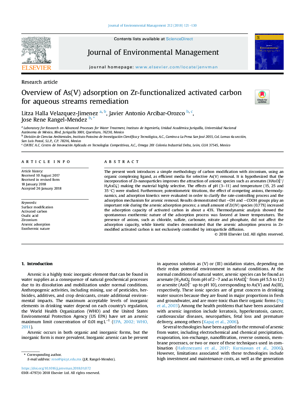 Overview of As(V) adsorption on Zr-functionalized activated carbon for aqueous streams remediation