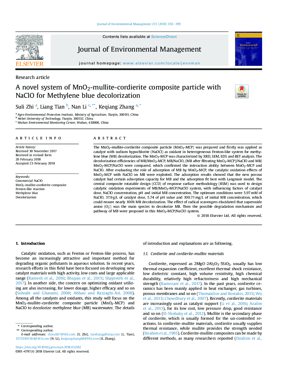 A novel system of MnO2-mullite-cordierite composite particle with NaClO for Methylene blue decolorization