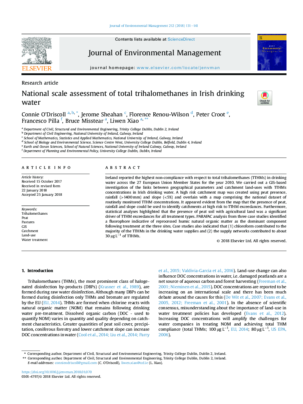 National scale assessment of total trihalomethanes in Irish drinking water