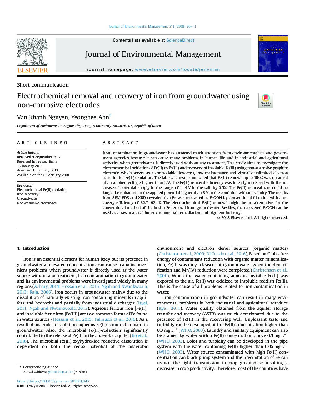 Electrochemical removal and recovery of iron from groundwater using non-corrosive electrodes