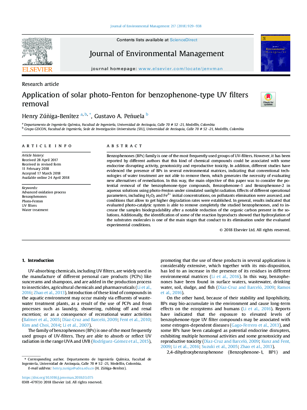 Application of solar photo-Fenton for benzophenone-type UV filters removal