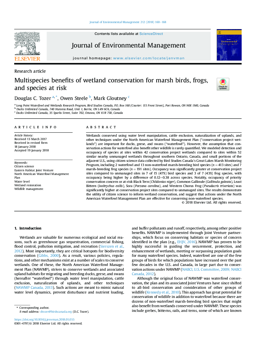 Multispecies benefits of wetland conservation for marsh birds, frogs, and species at risk