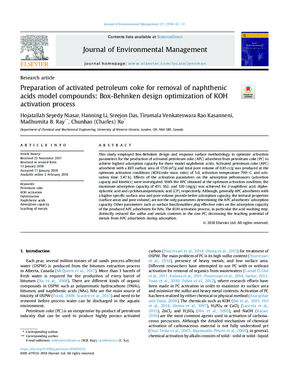 Preparation of activated petroleum coke for removal of naphthenic acids model compounds: Box-Behnken design optimization of KOH activation process