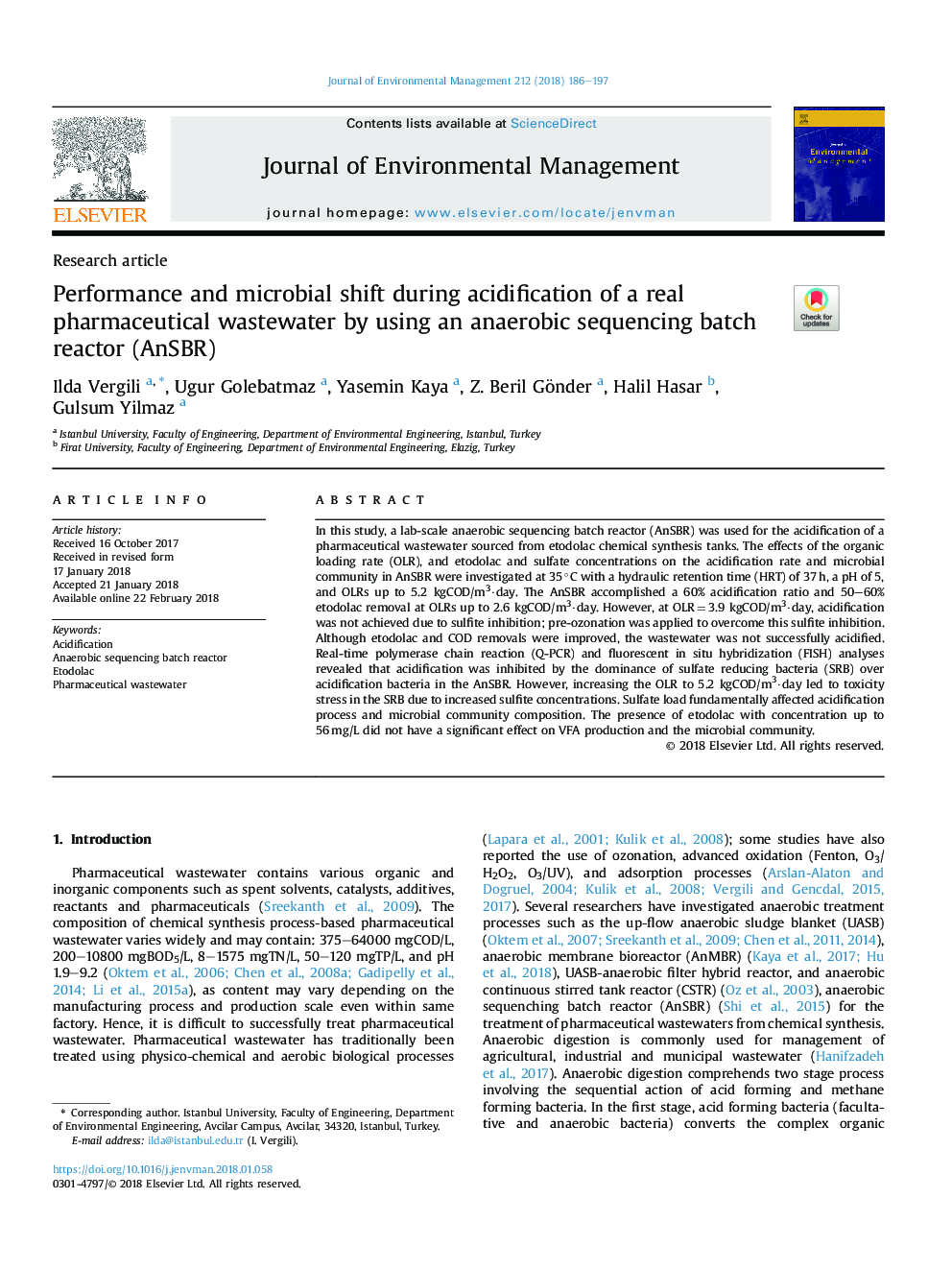 Performance and microbial shift during acidification of a real pharmaceutical wastewater by using an anaerobic sequencing batch reactor (AnSBR)