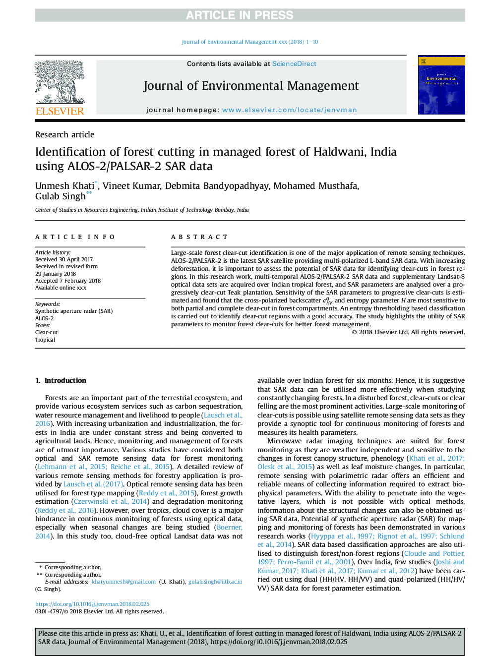 Identification of forest cutting in managed forest of Haldwani, India using ALOS-2/PALSAR-2 SAR data