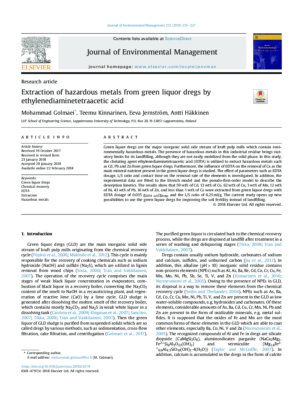 Extraction of hazardous metals from green liquor dregs by ethylenediaminetetraacetic acid