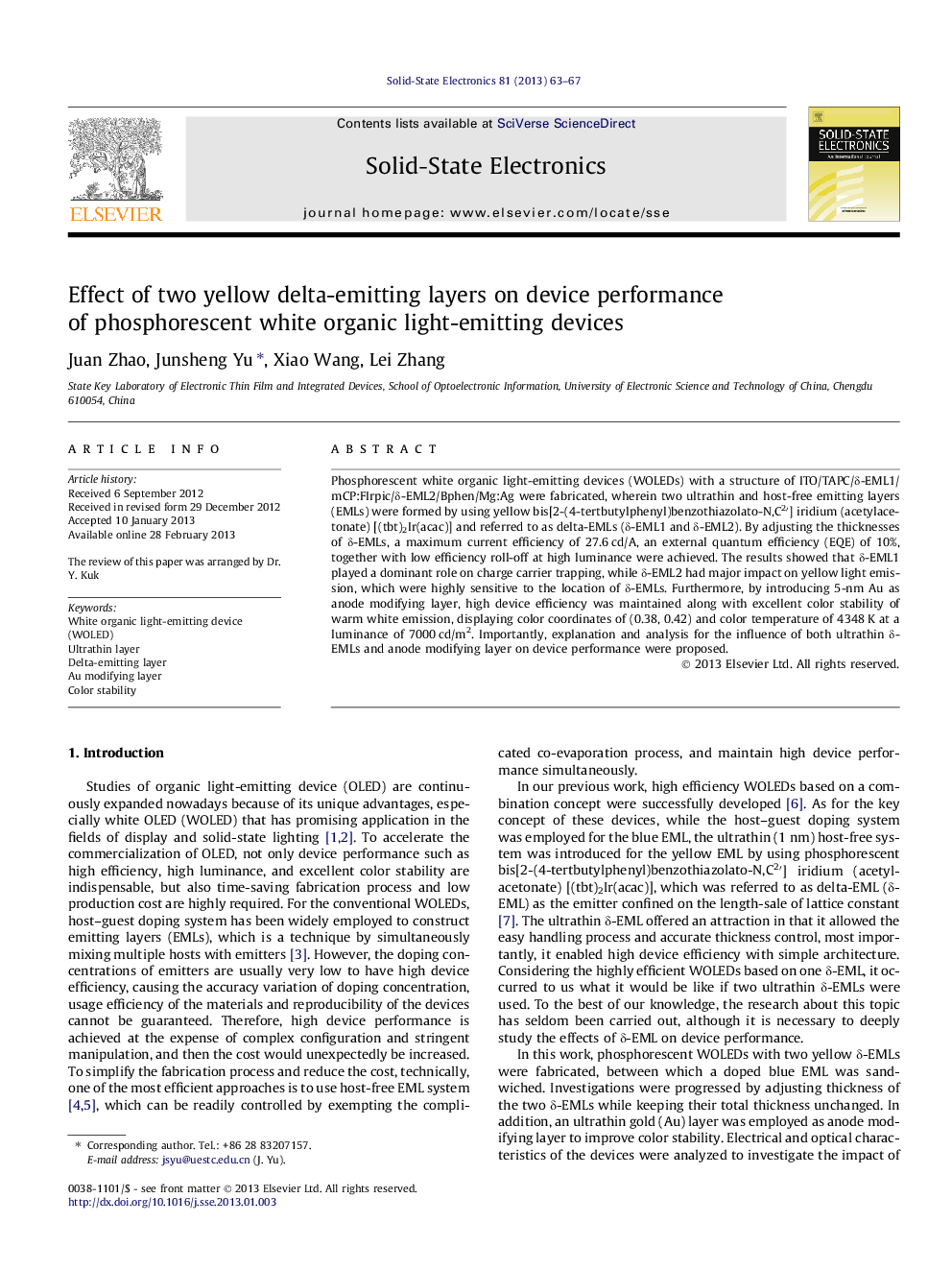 Effect of two yellow delta-emitting layers on device performance of phosphorescent white organic light-emitting devices