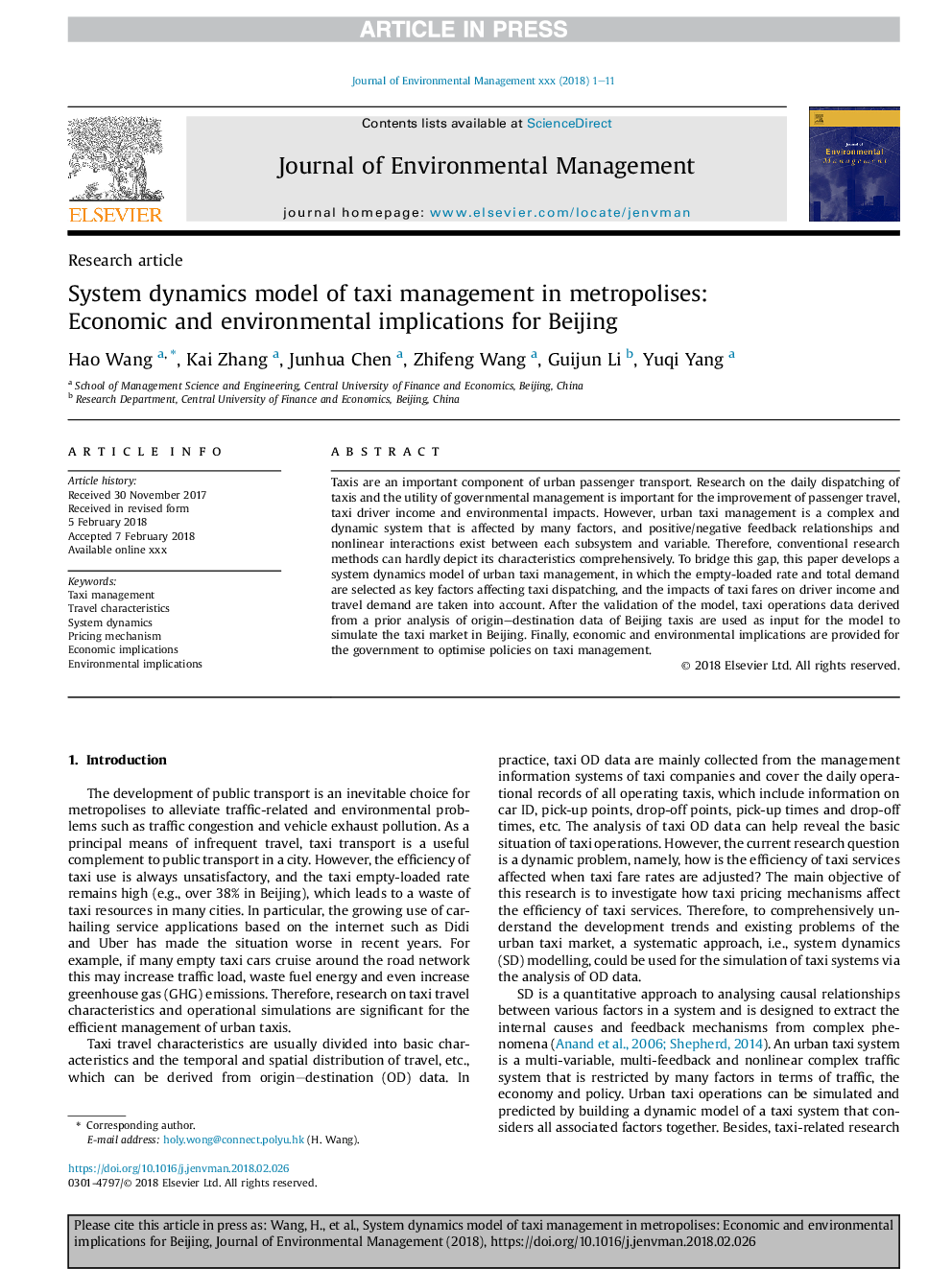 System dynamics model of taxi management in metropolises: Economic and environmental implications for Beijing