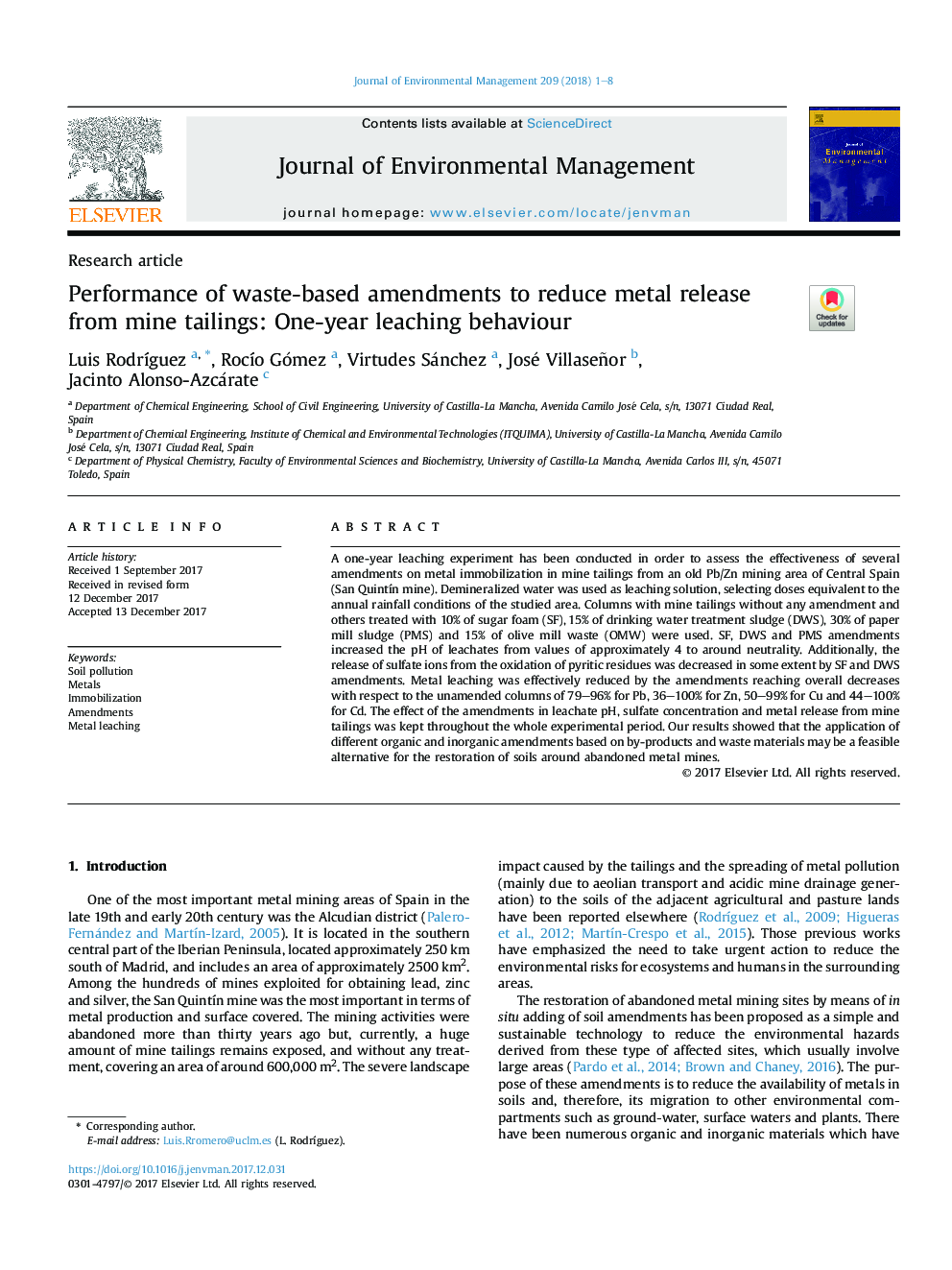 Performance of waste-based amendments to reduce metal release from mine tailings: One-year leaching behaviour