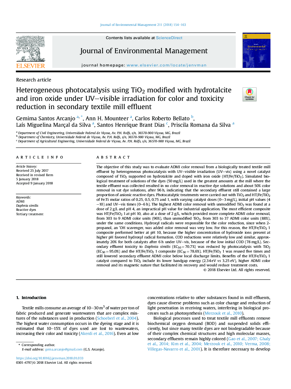 Heterogeneous photocatalysis using TiO2 modified with hydrotalcite and iron oxide under UV-visible irradiation for color and toxicity reduction in secondary textile mill effluent