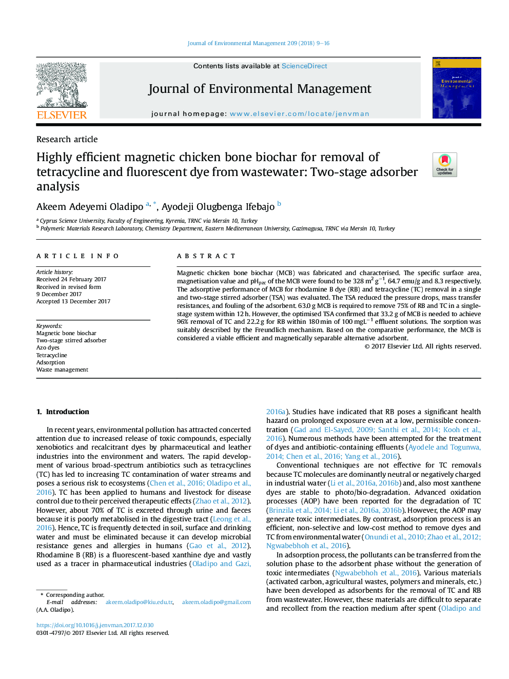 Highly efficient magnetic chicken bone biochar for removal of tetracycline and fluorescent dye from wastewater: Two-stage adsorber analysis