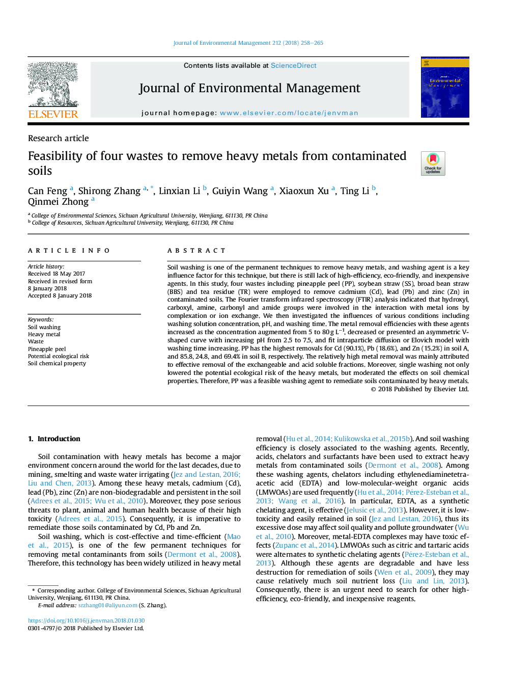 Feasibility of four wastes to remove heavy metals from contaminated soils