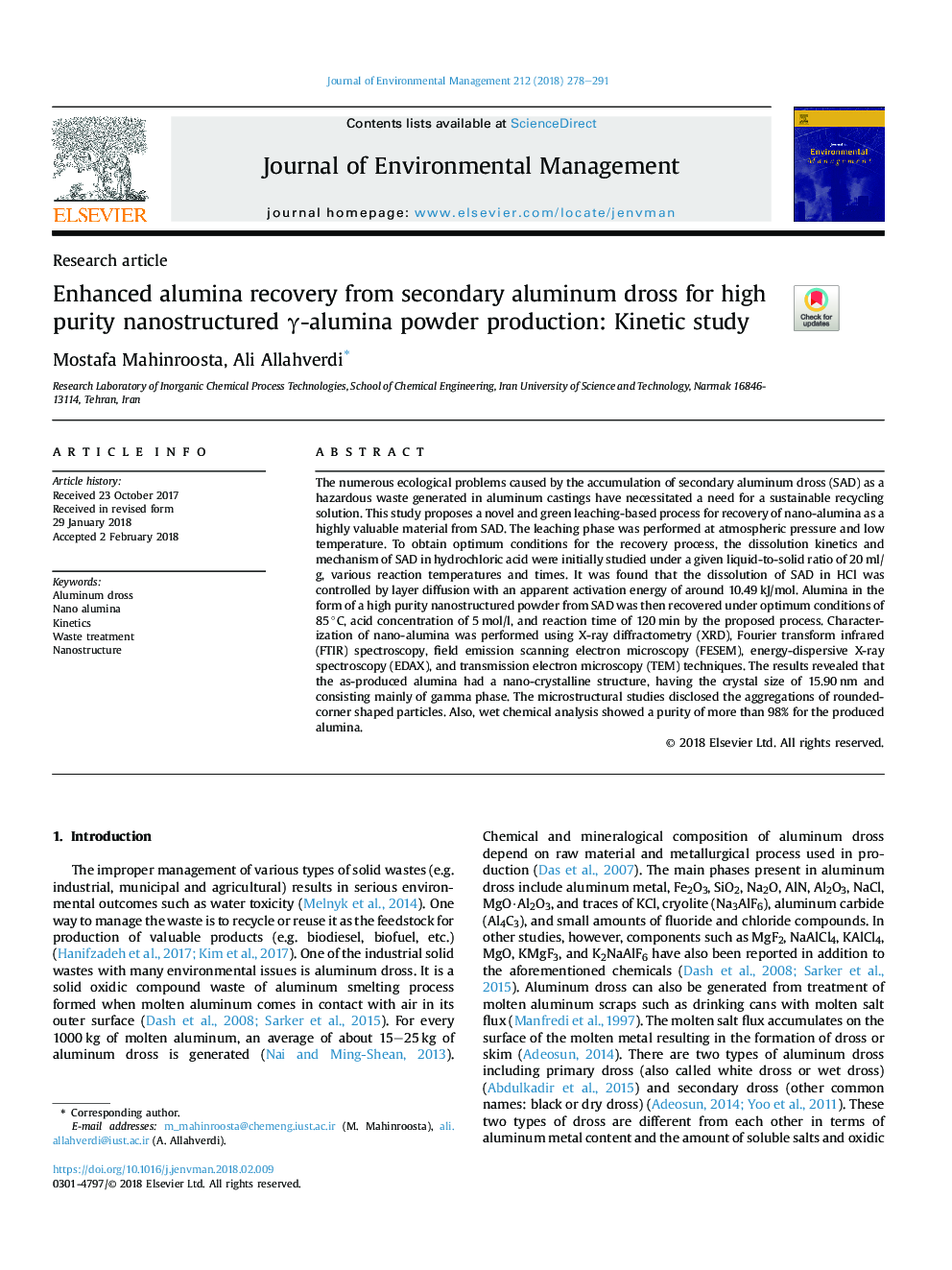 Enhanced alumina recovery from secondary aluminum dross for high purity nanostructured Î³-alumina powder production: Kinetic study