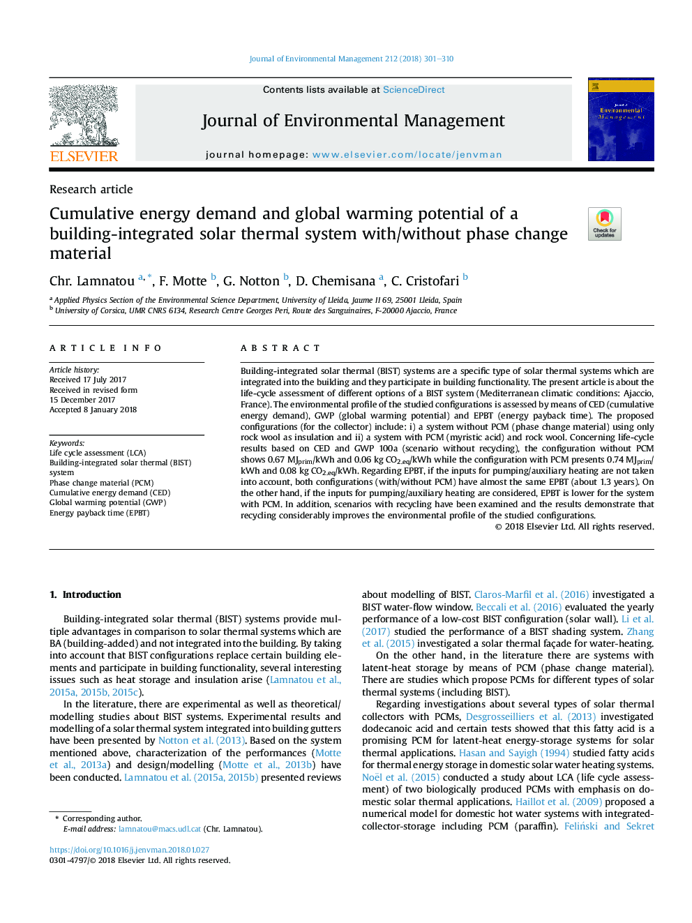 Cumulative energy demand and global warming potential of a building-integrated solar thermal system with/without phase change material