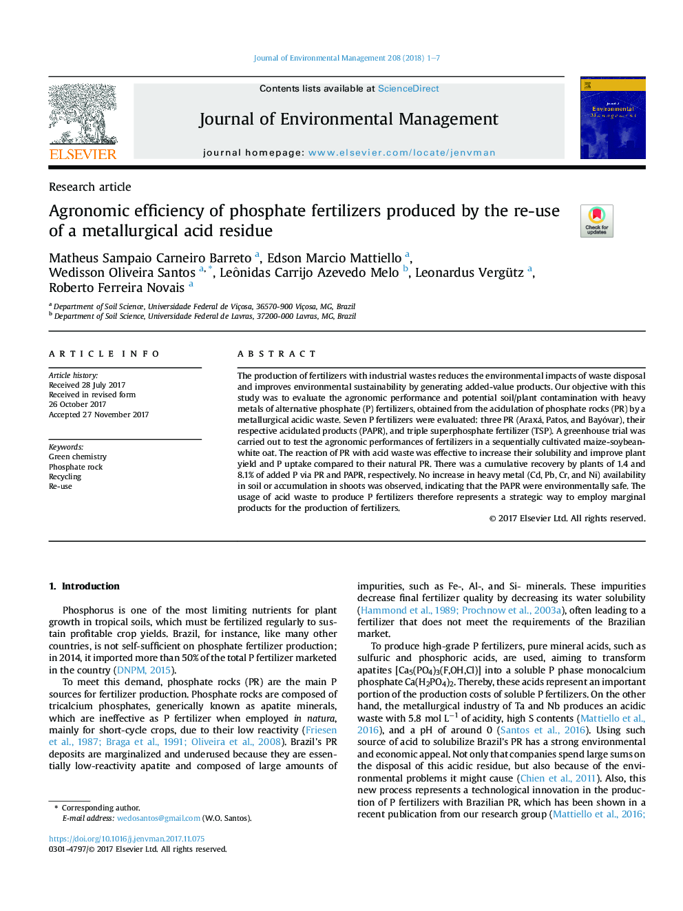 Agronomic efficiency of phosphate fertilizers produced by the re-use of a metallurgical acid residue