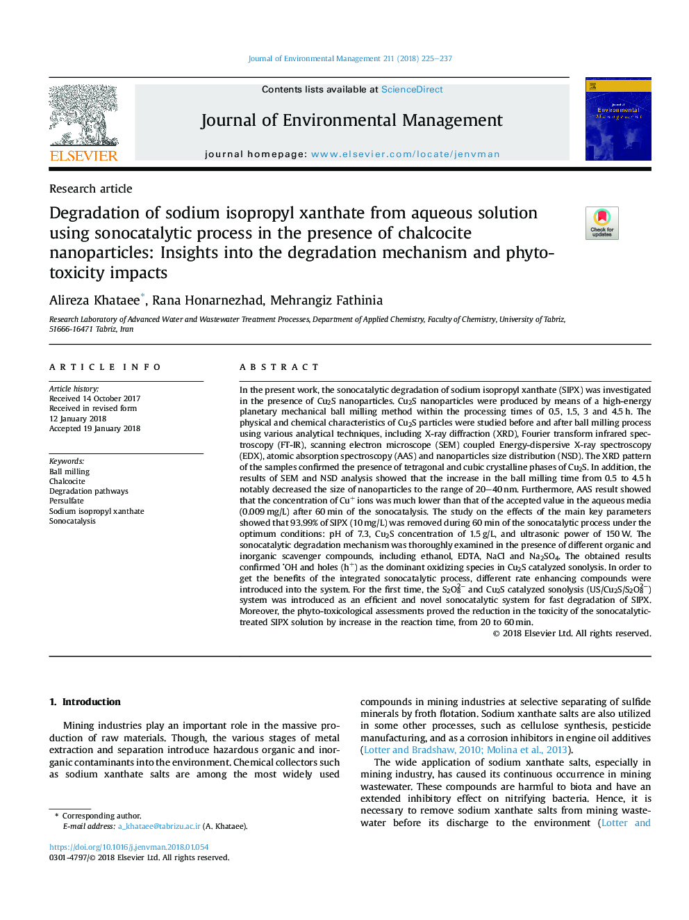 Degradation of sodium isopropyl xanthate from aqueous solution using sonocatalytic process in the presence of chalcocite nanoparticles: Insights into the degradation mechanism and phyto-toxicity impacts