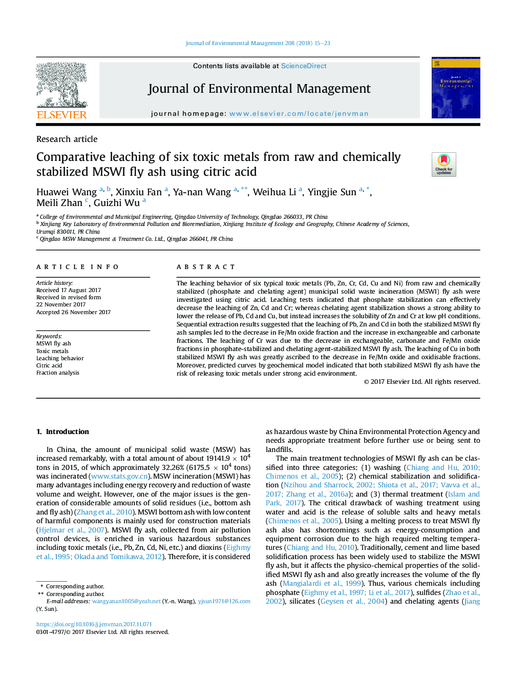 Comparative leaching of six toxic metals from raw and chemically stabilized MSWI fly ash using citric acid